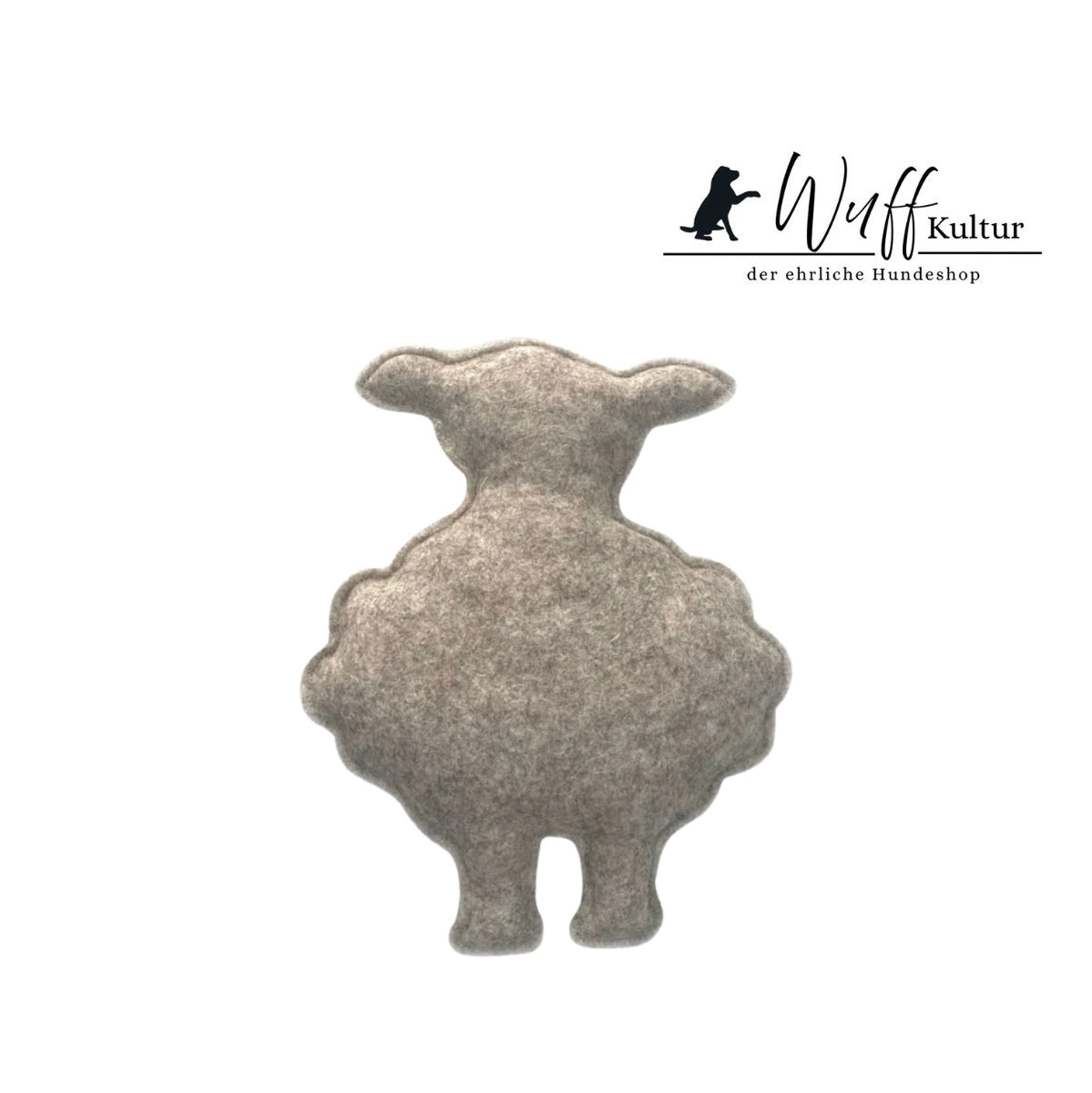 Kleines Hundespielzeug in Form eines Lamms aus Naturwollfilz, gefuellt mit Naturwolle und Zirbenholzspaenen, nachhaltiges und natuerliches Hundespielzeug von Wuffkultur.