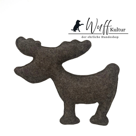 brauner Elch "Muffin" aus Naturwollfilz, handgefertigtes Hundespielzeug von WuffKultur (ca. 25 cm), nachhaltig, zahnpflegend und beruhigend, schadstofffrei, Weihnachtsedition